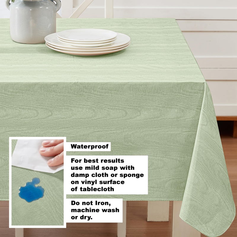 Newbridge Vinyl Flannel Backed Tablecloth, 60 x 102 Inch Rectangle, Sage Green Moire Wavy Solid Design, Heavyweight Indoor Outdoor Waterproof Table Cover, Easy Care Wipe Clean - Image 3